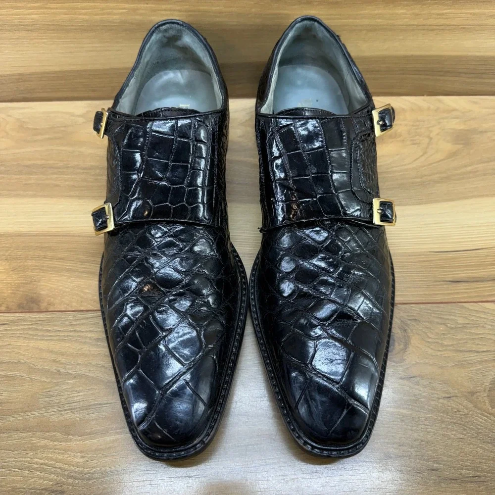 Belvedere Alligator Double Monk Strap Mens Shoes 8.5 Black Square Toe Formal